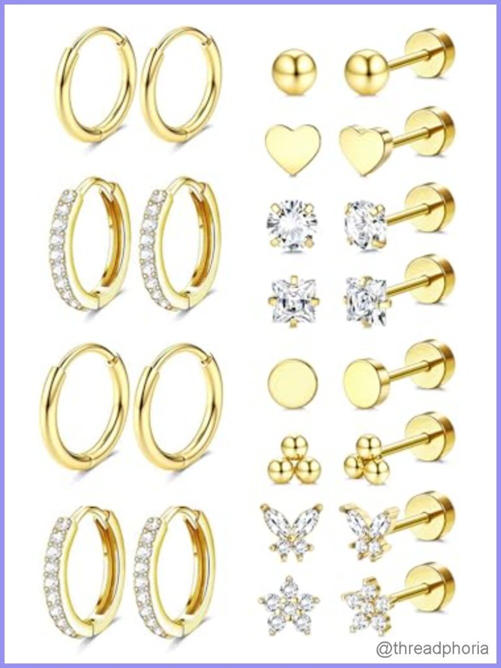 14K Gold Plated Stainless Steel Flat Back Stud Hoop Earrings Set for Women